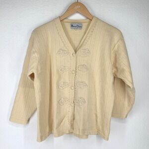 Pomo Doro Womens Cream Ribbed Cardigan Button Pearl Beaded Size M Wool Country